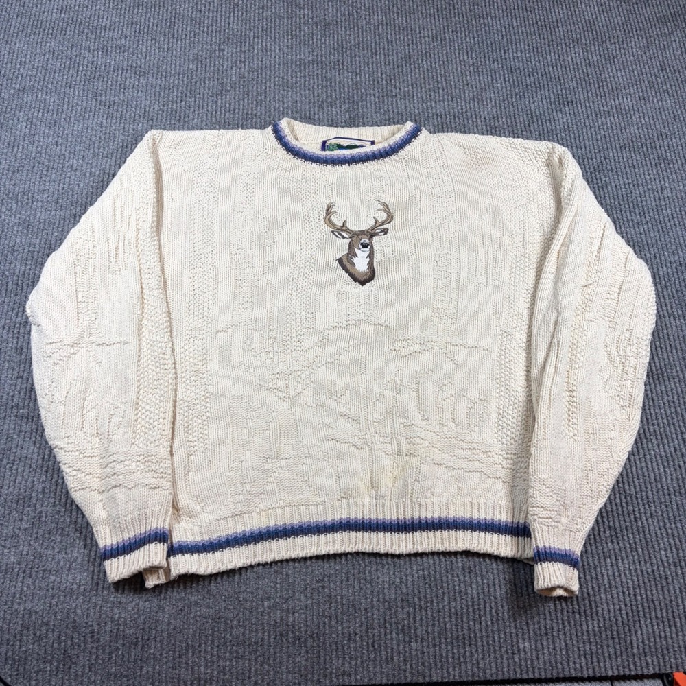 Vintage Shenandoah Sweater Men's XL  Cotton Knit‎ Deer Embroidered Cream Ivory